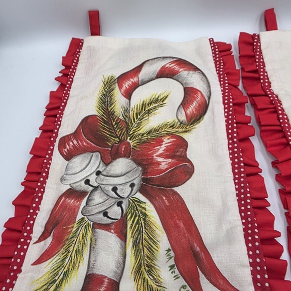 VTG 80's 2~ Handmade Christmas Stockings Bells Candy Canes Wreaths Ruffles Red - Picture 2 of 12